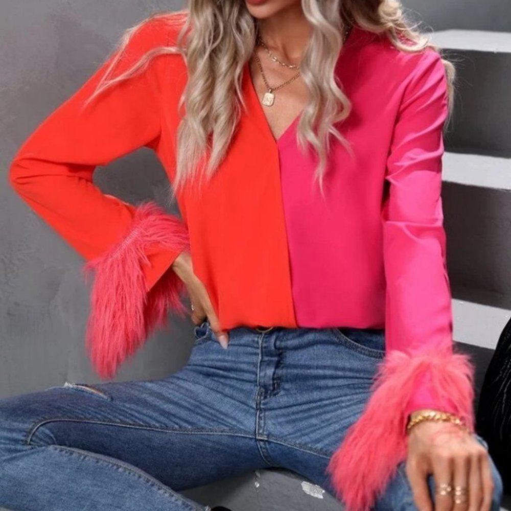 top trends colorblock blouse with faux furry fuzzy cuffs - Picture 5 of 9